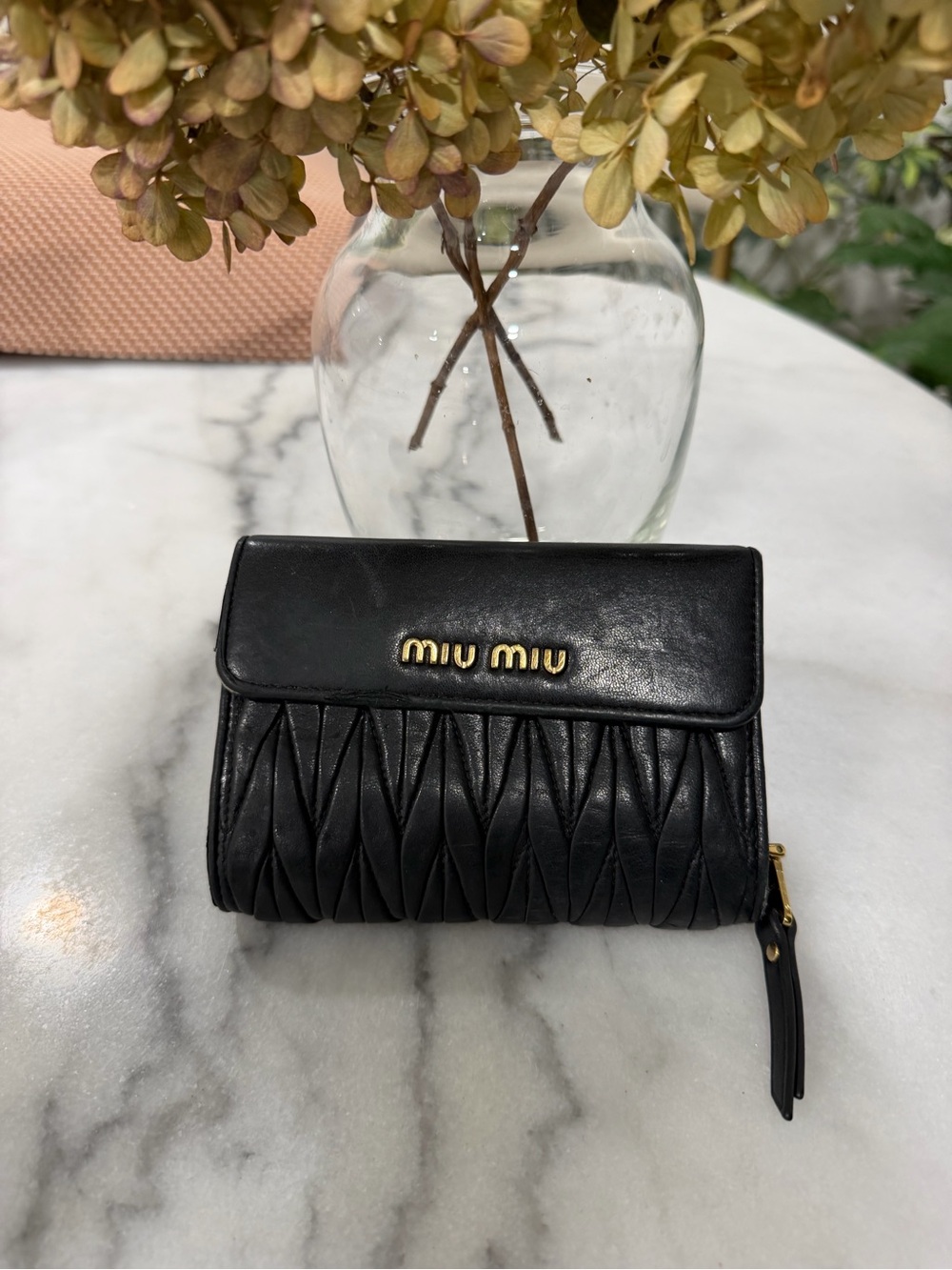 Miu Miu Black Matelassé Leather Small Wallet with Gold Logo